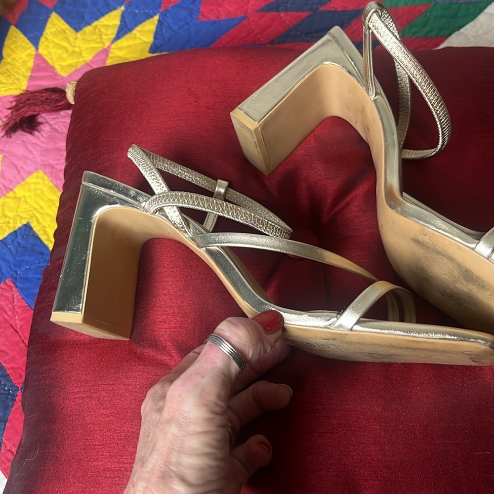 H&M size 10 soft gold stretchy straps 3 1/2 inch heels - Picture 3 of 5